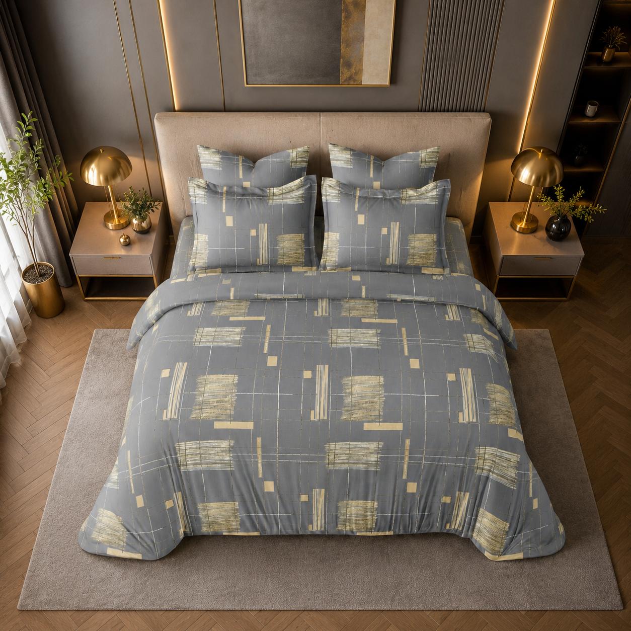 JS Home Furnishing Luxury Charcoal & Gold Geometric Bedsheet with 2 Matching Pillow Covers