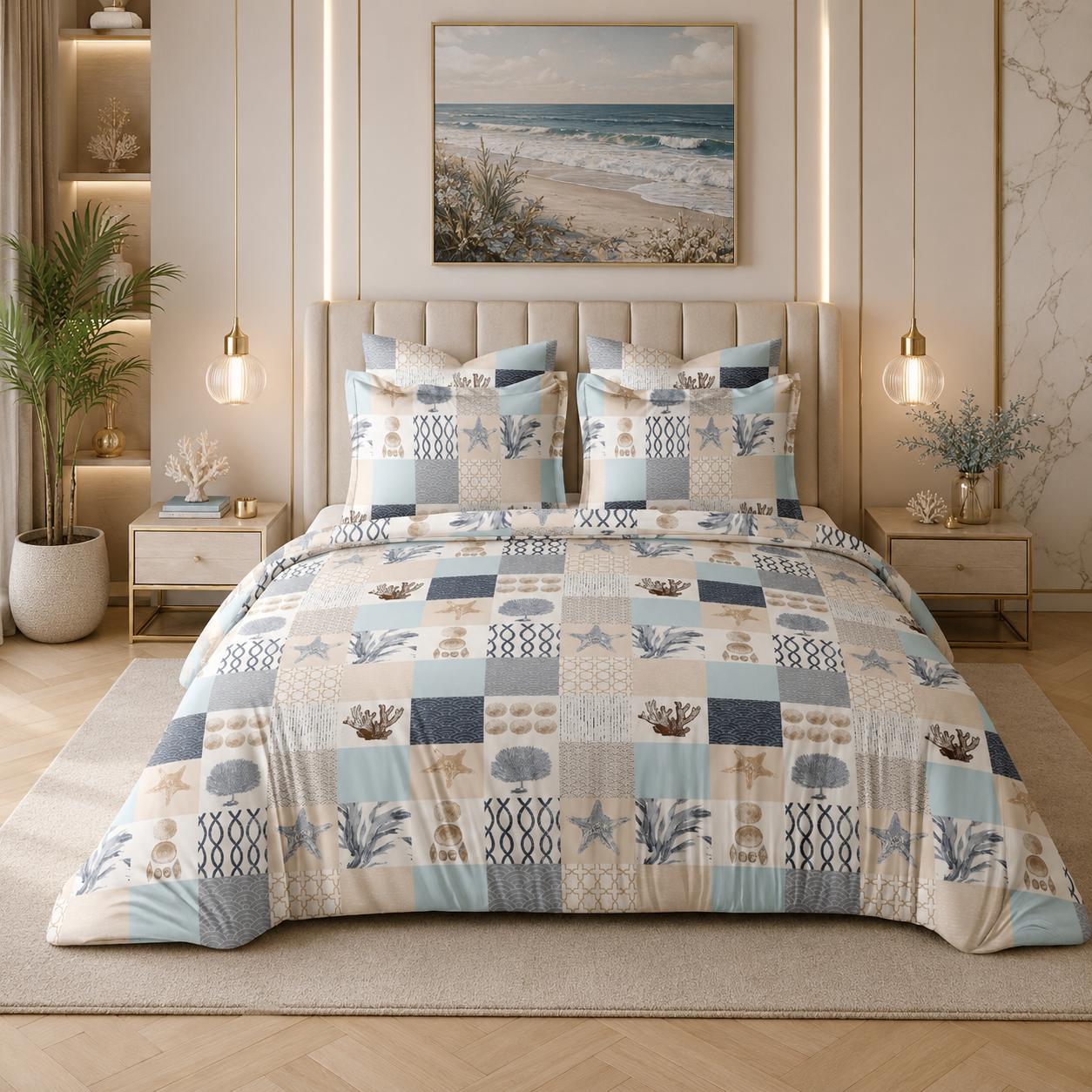 JS Home Furnishing Modern Coastal Patchwork Printed Bedsheet with 2 Pillow Covers