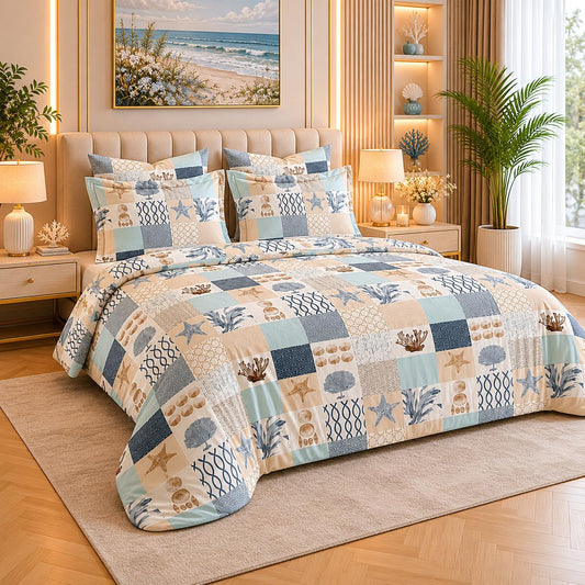 JS Home Furnishing Modern Coastal Patchwork Printed Bedsheet with 2 Pillow Covers