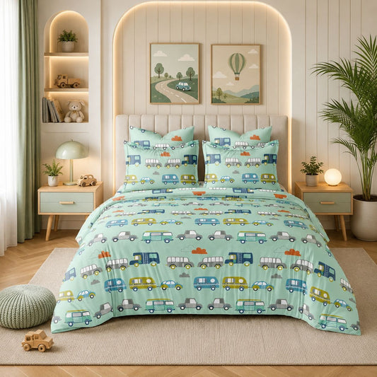 JS Home Furnishing Premium Kids Cartoon Cars Mint Green Bedsheet with 2 Matching Pillow Covers
