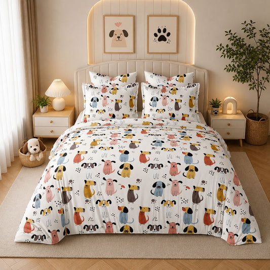 JS Home Furnishing Premium Kids Cute Dog Print Bedsheet with 2 Matching Pillow Covers