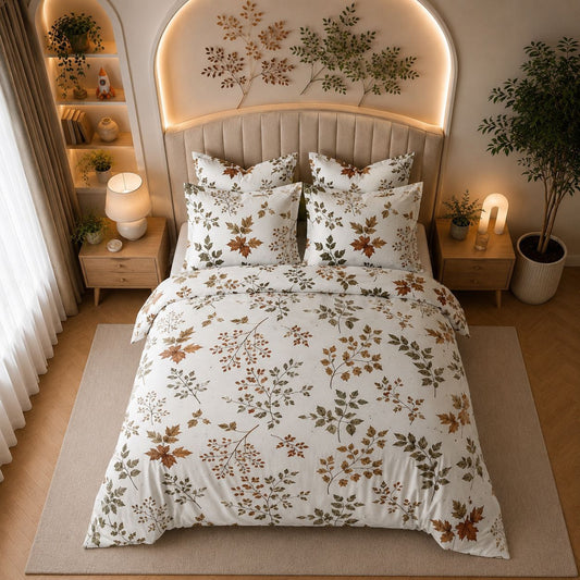 JS Home Furnishing Luxury Autumn Leaves Ivory Bedsheet with 2 Matching Pillow Covers