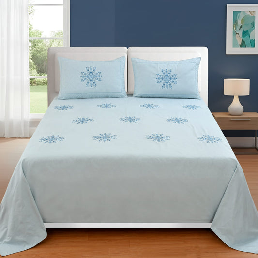 JSHOMEFINISHING Premium Embroidered Cotton Blend Bedsheet with 2 Quilted Pillow Covers | Soft & Breathable Double Bed Bedsheet | Elegant Snowflake Embroidery | Luxury Bedding Set | Sky Blue