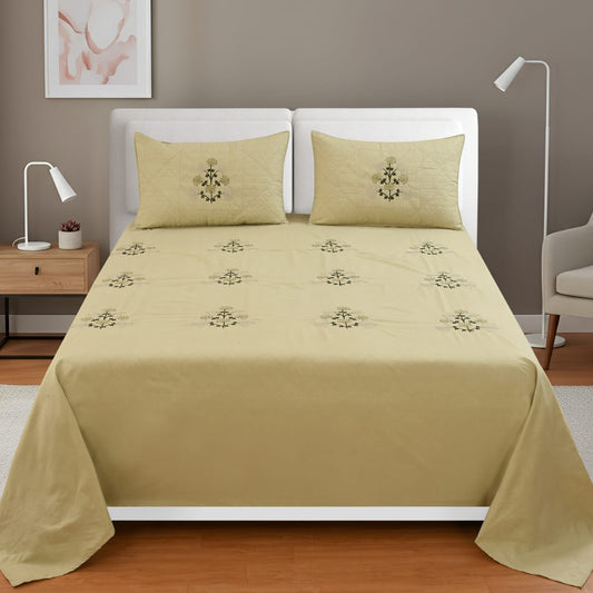 JSHOMEFINISHING Premium Embroidered Cotton Blend Bedsheet with 2 Quilted Pillow Covers | Soft & Breathable Double Bed Bedsheet | Elegant Botanical Embroidery | Luxury Bedding Set | Beige