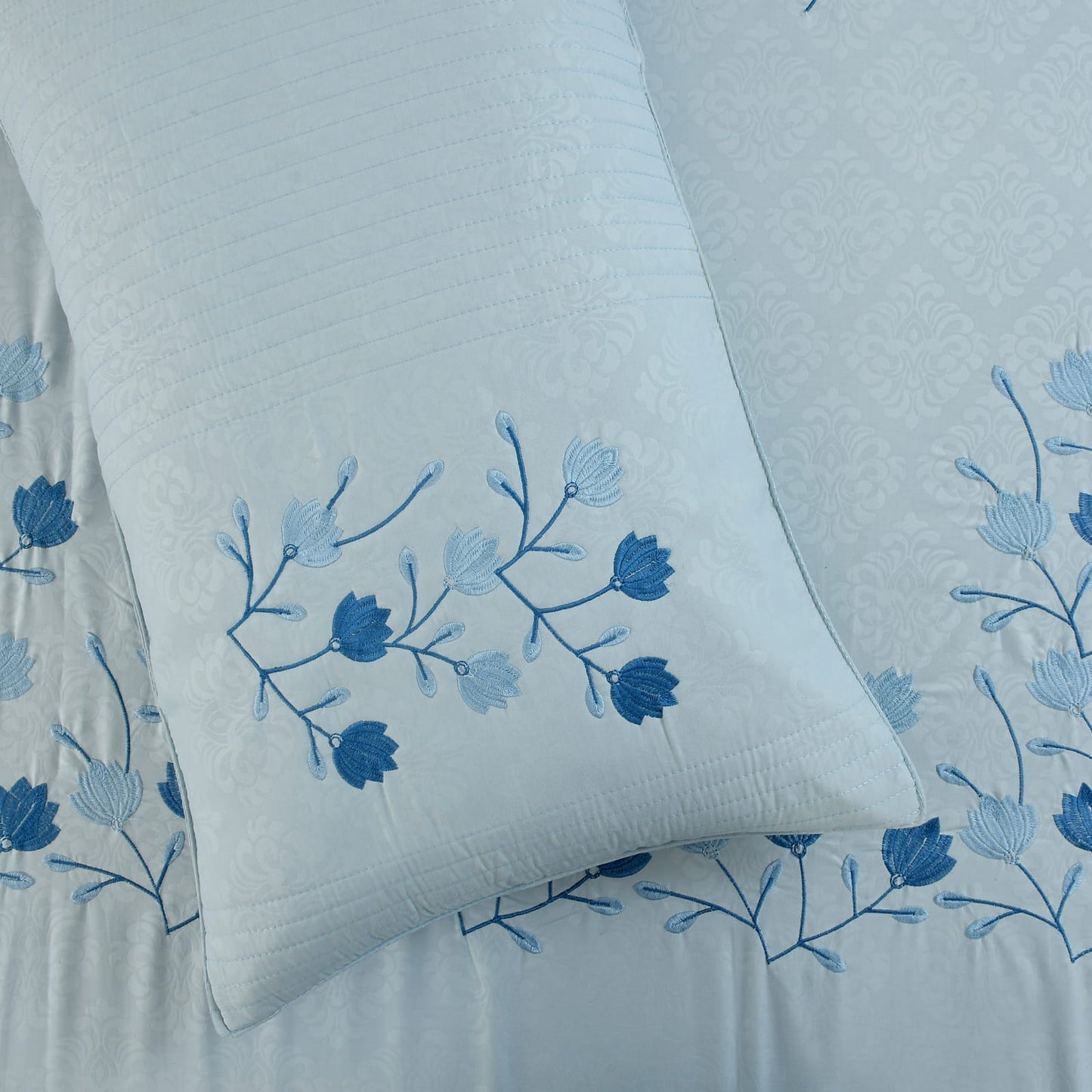 JSHOMEFINISHING Premium Embroidered Cotton Blend Bedsheet with 2 Quilted Pillow Covers | Soft & Breathable Double Bed Bedsheet | Elegant Blue Floral Embroidery | Luxury Bedding Set | Sky Blue