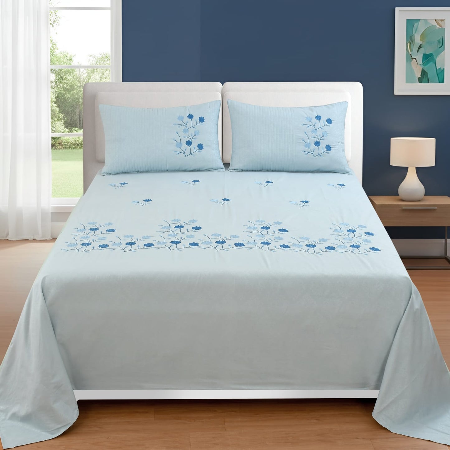 JSHOMEFINISHING Premium Embroidered Cotton Blend Bedsheet with 2 Quilted Pillow Covers | Soft & Breathable Double Bed Bedsheet | Elegant Blue Floral Embroidery | Luxury Bedding Set | Sky Blue