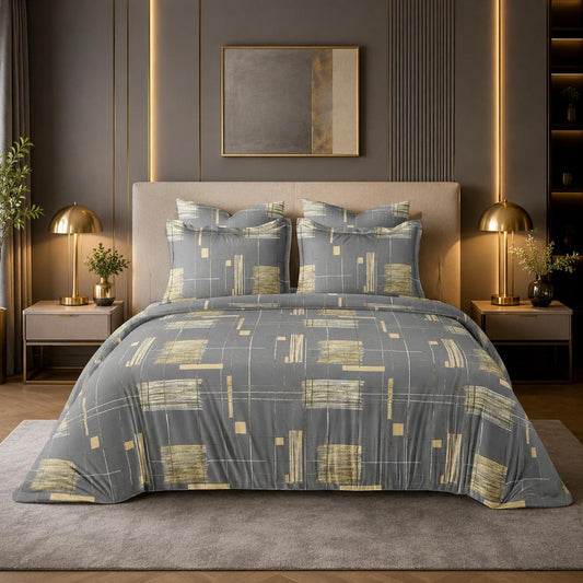 JS Home Furnishing Luxury Charcoal & Gold Geometric Bedsheet with 2 Matching Pillow Covers