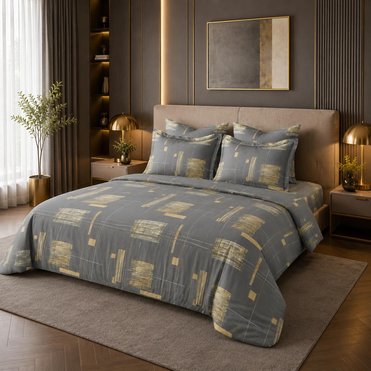 JS Home Furnishing Luxury Charcoal & Gold Geometric Bedsheet with 2 Matching Pillow Covers