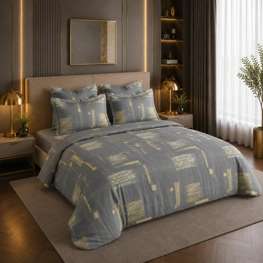 JS Home Furnishing Luxury Charcoal & Gold Geometric Bedsheet with 2 Matching Pillow Covers