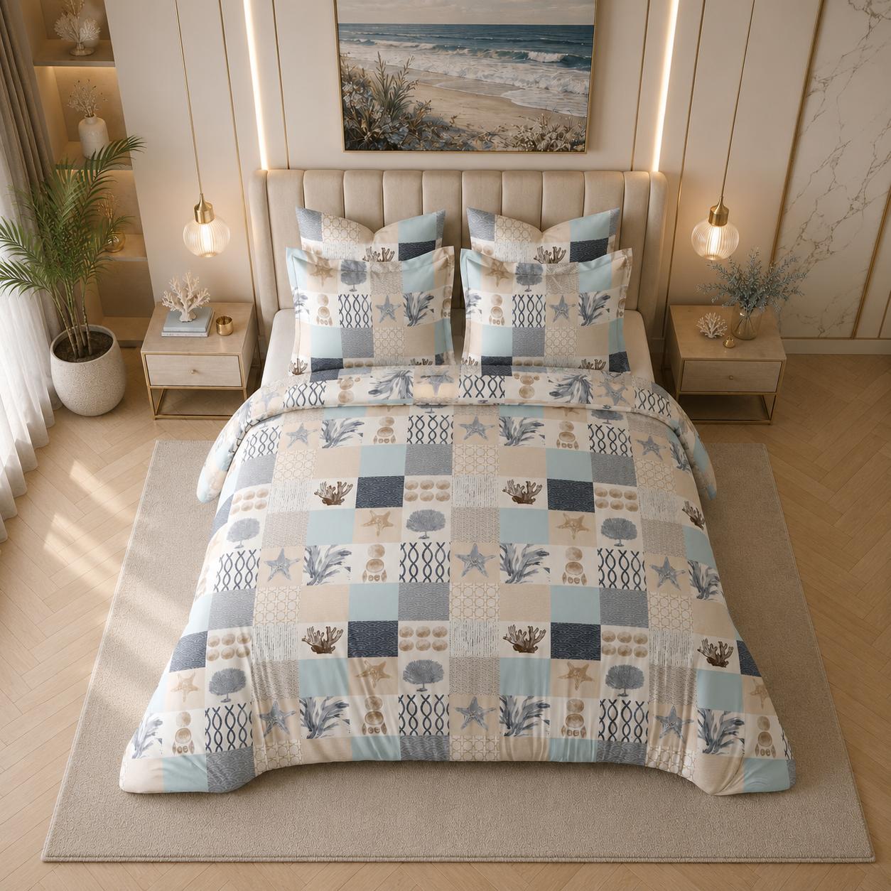 JS Home Furnishing Modern Coastal Patchwork Printed Bedsheet with 2 Pillow Covers