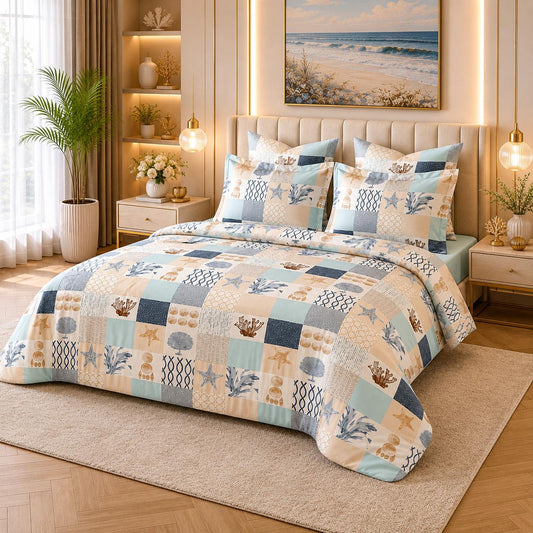 JS Home Furnishing Modern Coastal Patchwork Printed Bedsheet with 2 Pillow Covers