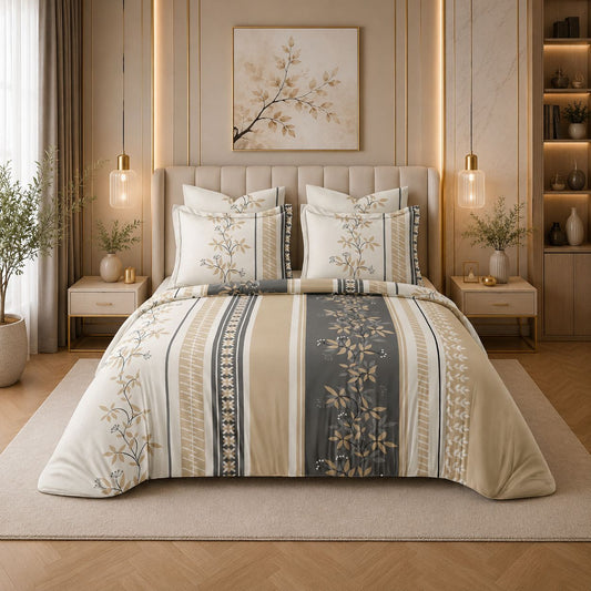 JS Home Furnishing Luxury Elegant Botanical Vines Bedsheet with 2 Matching Pillow Covers