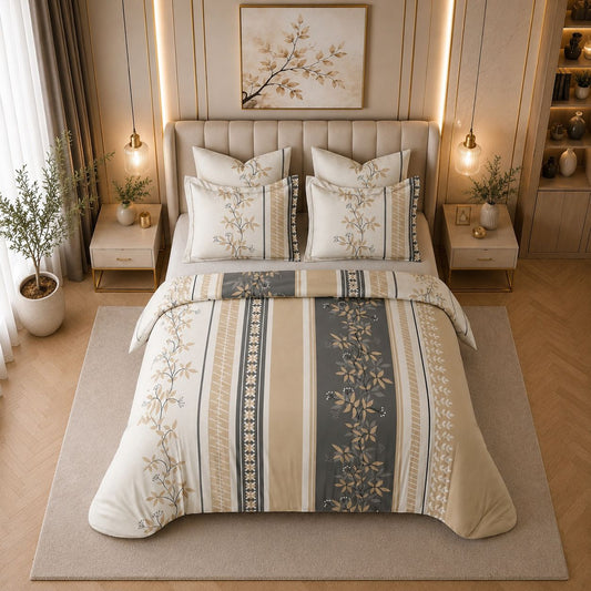 JS Home Furnishing Luxury Elegant Botanical Vines Bedsheet with 2 Matching Pillow Covers