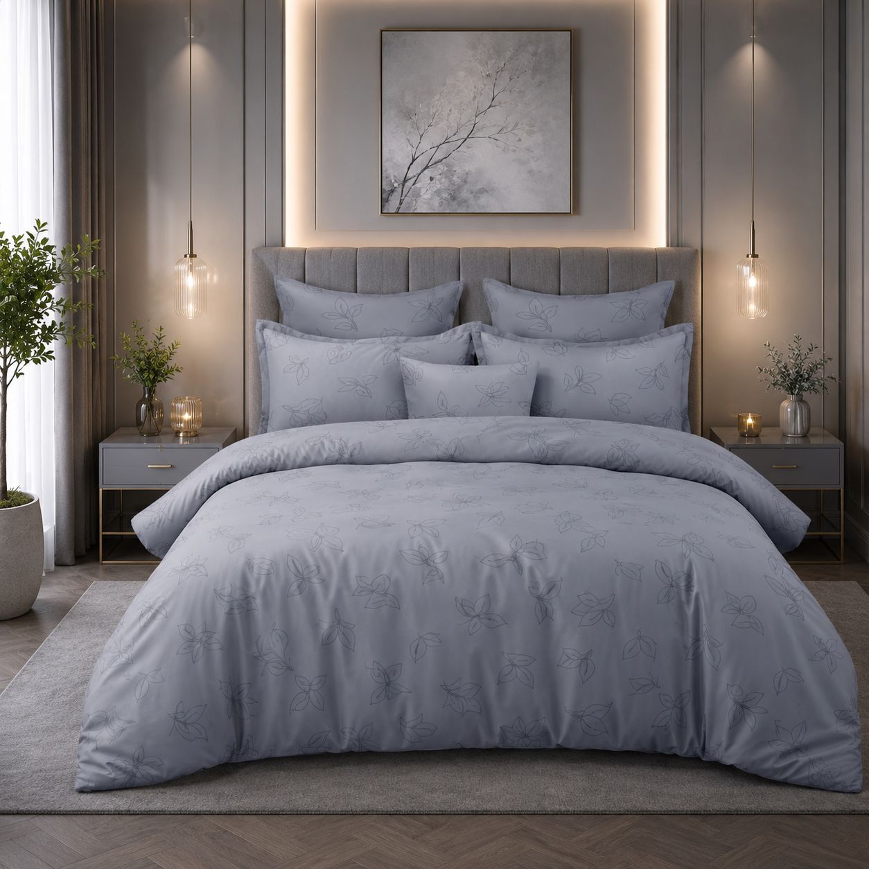 JS Home Furnishing Luxury Slate Grey Fine Line Floral Bedsheet with 2 Matching Pillow Covers