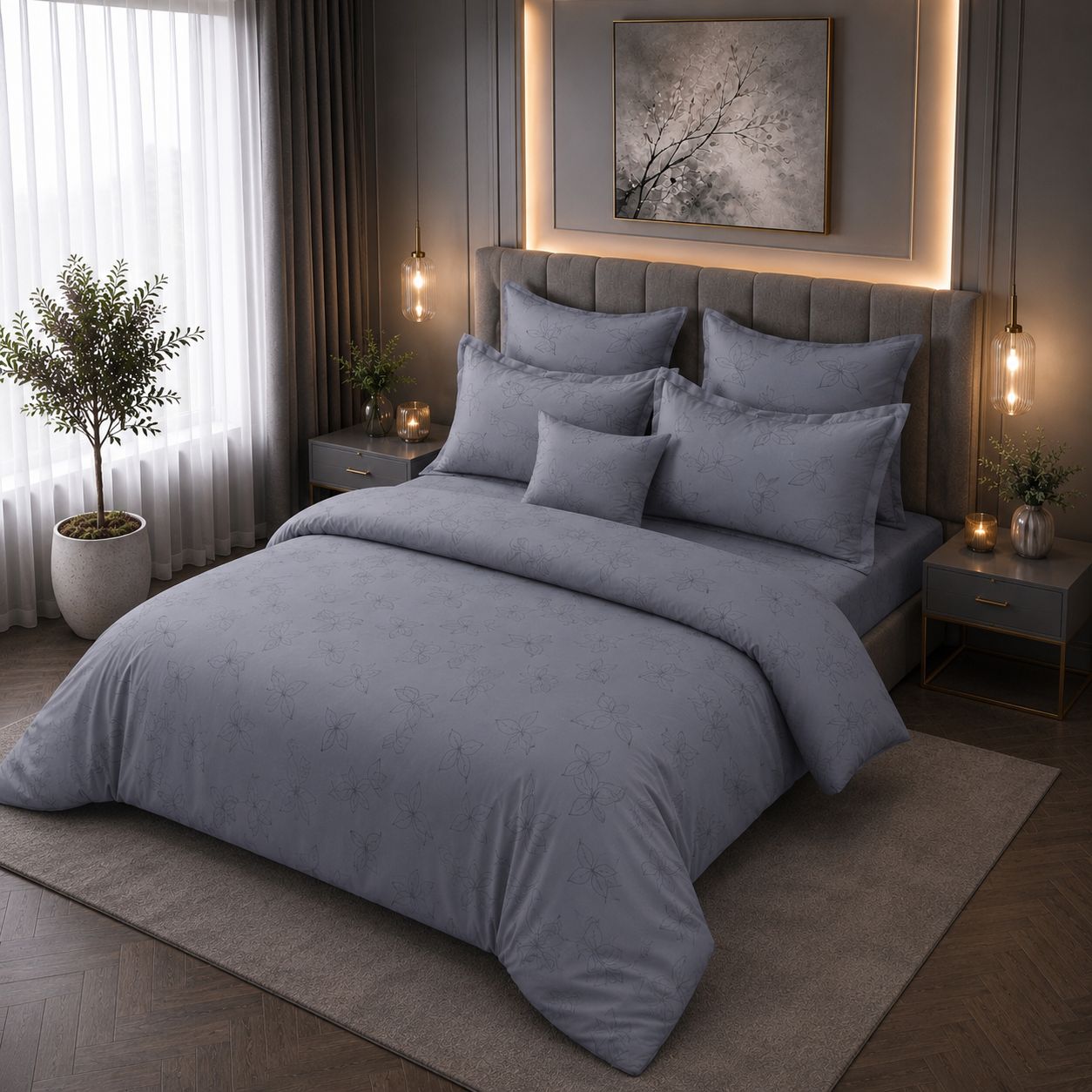 JS Home Furnishing Luxury Slate Grey Fine Line Floral Bedsheet with 2 Matching Pillow Covers