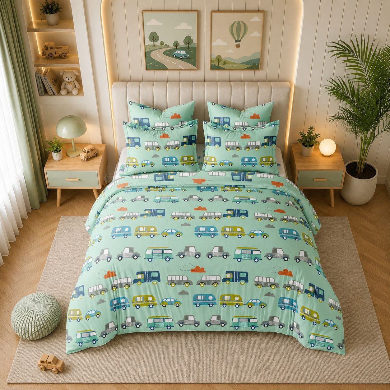 JS Home Furnishing Premium Kids Cartoon Cars Mint Green Bedsheet with 2 Matching Pillow Covers