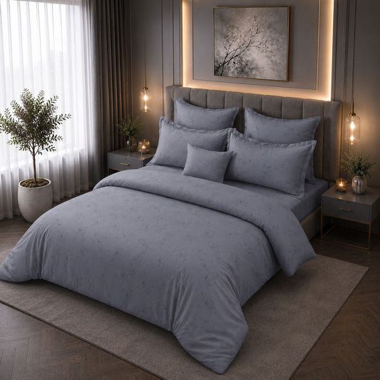 JS Home Furnishing Luxury Slate Grey Fine Line Floral Bedsheet with 2 Matching Pillow Covers