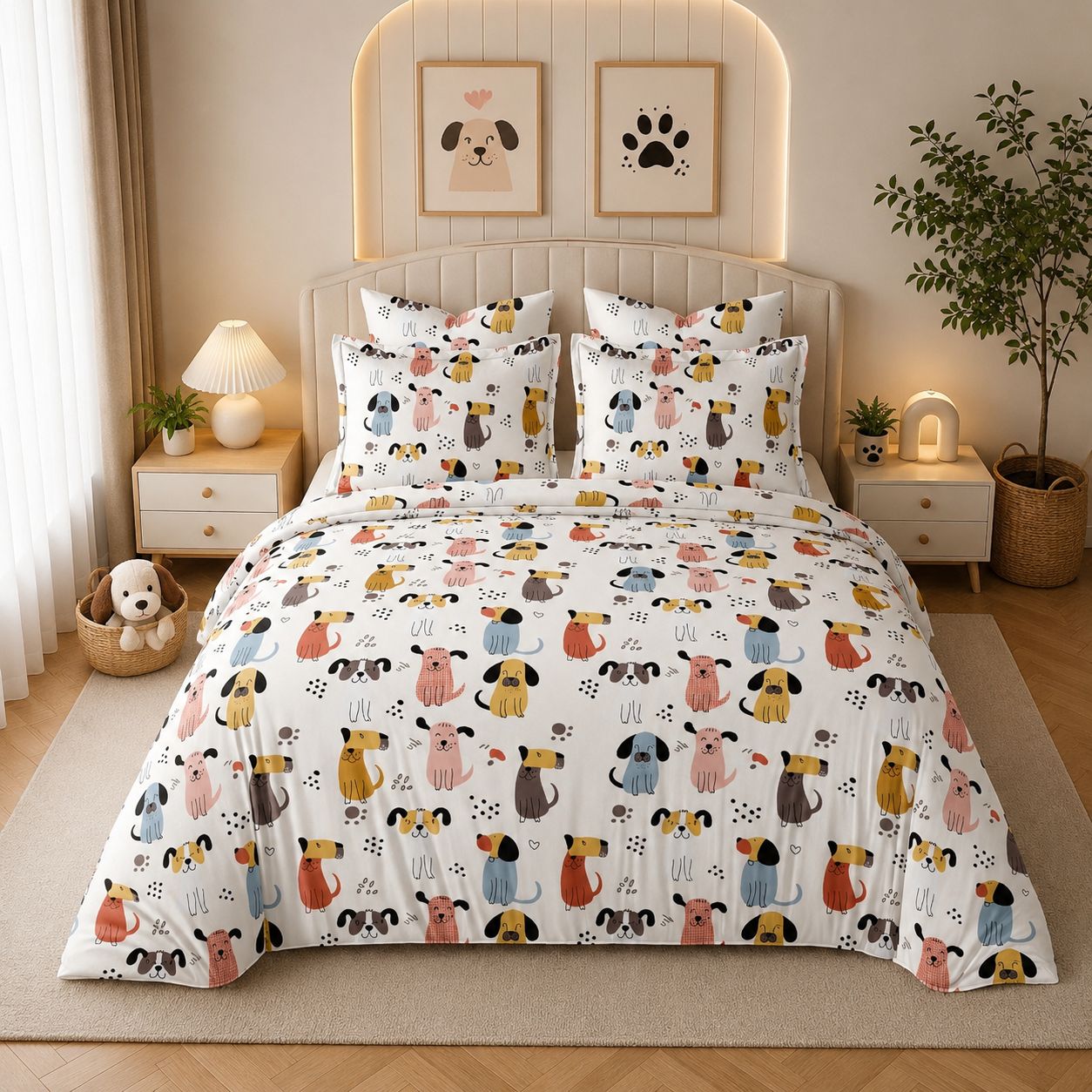 JS Home Furnishing Premium Kids Cute Dog Print Bedsheet with 2 Matching Pillow Covers