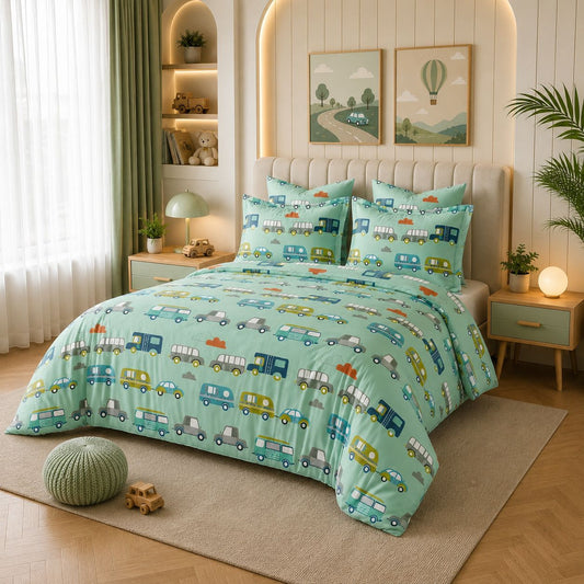JS Home Furnishing Premium Kids Cartoon Cars Mint Green Bedsheet with 2 Matching Pillow Covers