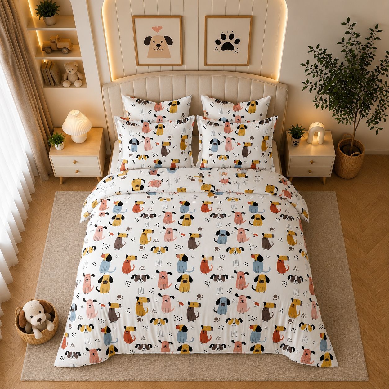 JS Home Furnishing Premium Kids Cute Dog Print Bedsheet with 2 Matching Pillow Covers