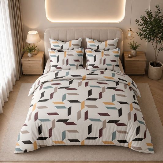 JS Home Furnishing Modern Off-White Retro Geometric Print Bedsheet with 2 Pillow Covers