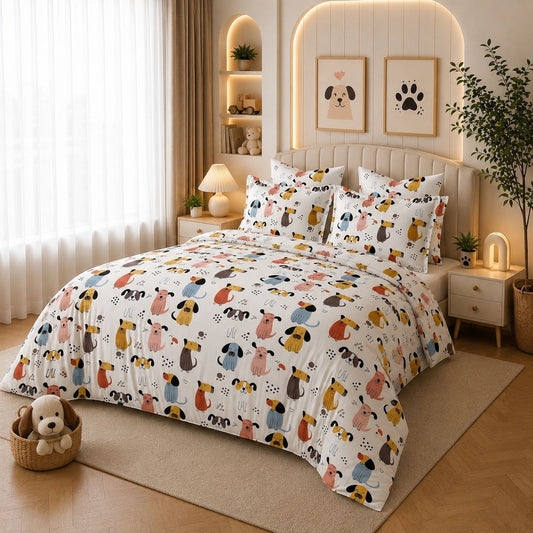 JS Home Furnishing Premium Kids Cute Dog Print Bedsheet with 2 Matching Pillow Covers