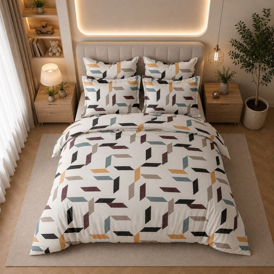 JS Home Furnishing Modern Off-White Retro Geometric Print Bedsheet with 2 Pillow Covers