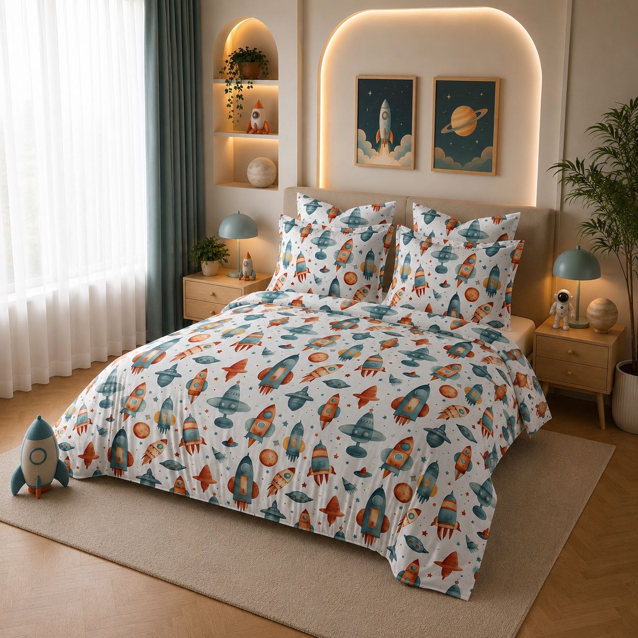 JS Home Furnishing Premium Kids Space Rocket Theme Bedsheet with 2 Matching Pillow Covers