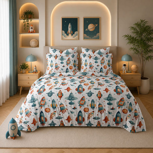 JS Home Furnishing Premium Kids Space Rocket Theme Bedsheet with 2 Matching Pillow Covers