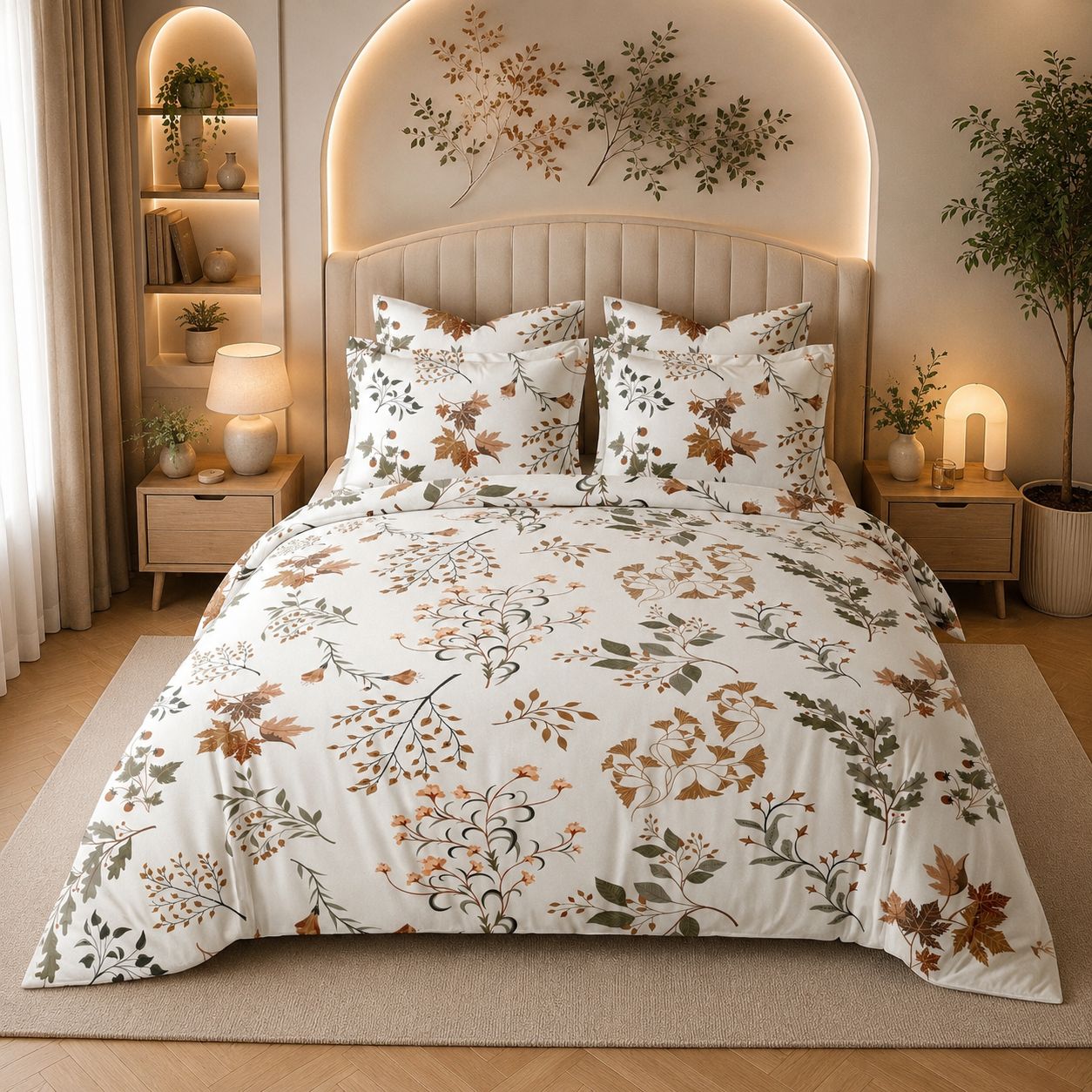 JS Home Furnishing Luxury Autumn Leaves Ivory Bedsheet with 2 Matching Pillow Covers