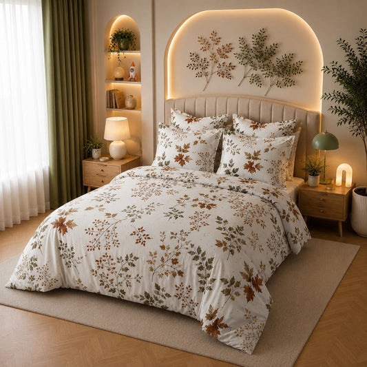JS Home Furnishing Luxury Autumn Leaves Ivory Bedsheet with 2 Matching Pillow Covers