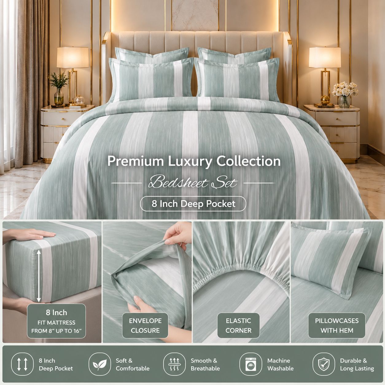 Misty Sage Luxe Bedsheet From JS Home Finishing with 2 matching pillow covers