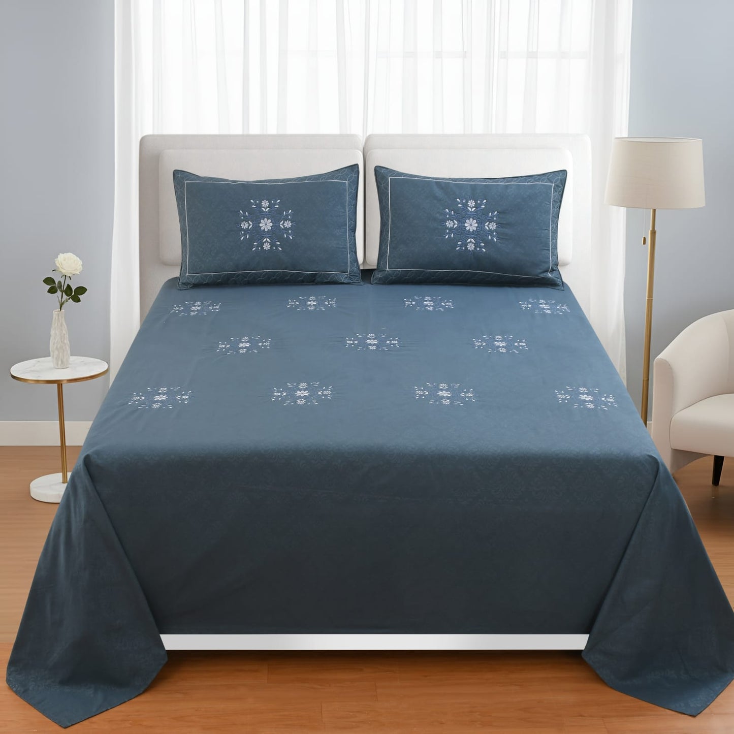 JSHOMEFINISHING Premium Embroidered Cotton Blend Bedsheet with 2 Quilted Pillow Covers | Soft & Breathable Double Bed Bedsheet | Elegant Floral Embroidery | Luxury Bedding Set | Navy Blue