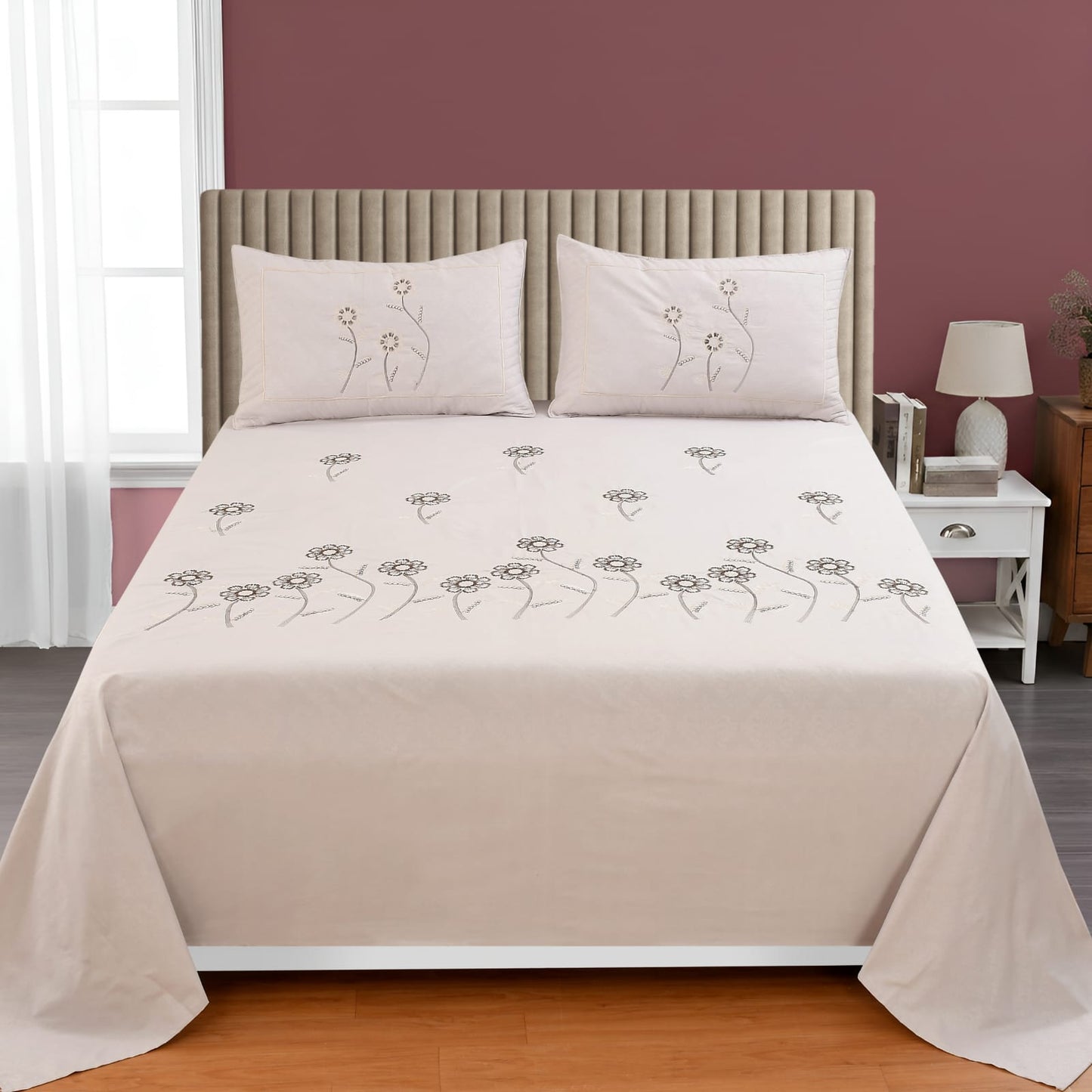 JSHOMEFINISHING Premium Embroidered Cotton Blend Bedsheet with 2 Quilted Pillow Covers | Soft & Breathable Double Bed Bedsheet | Elegant Daisy Floral Embroidery | Luxury Bedding Set | Ivory Cream