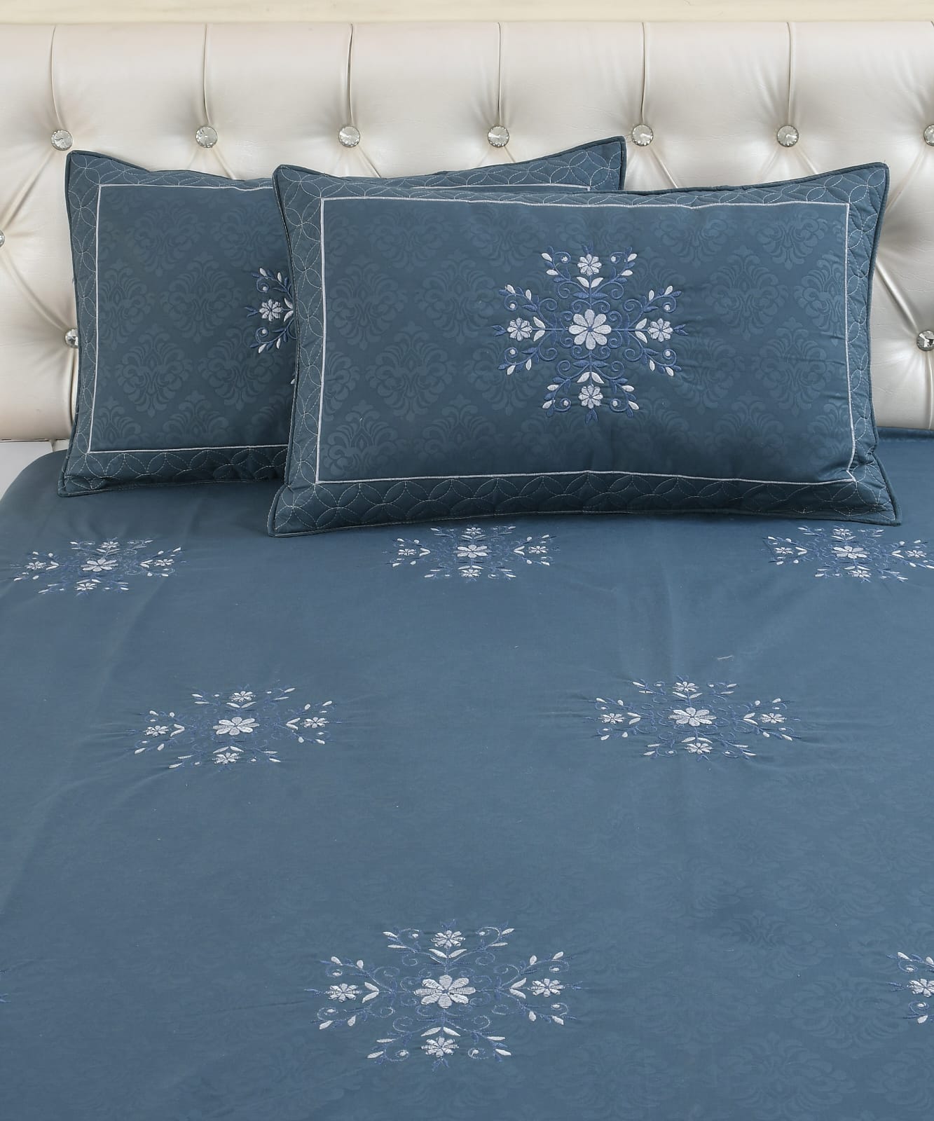 JSHOMEFINISHING Premium Embroidered Cotton Blend Bedsheet with 2 Quilted Pillow Covers | Soft & Breathable Double Bed Bedsheet | Elegant Floral Embroidery | Luxury Bedding Set | Navy Blue