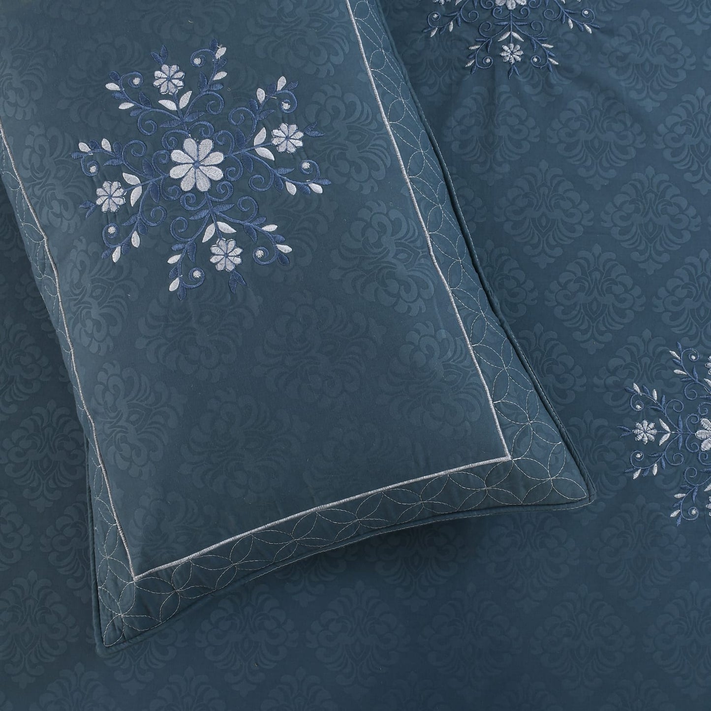 JSHOMEFINISHING Premium Embroidered Cotton Blend Bedsheet with 2 Quilted Pillow Covers | Soft & Breathable Double Bed Bedsheet | Elegant Floral Embroidery | Luxury Bedding Set | Navy Blue