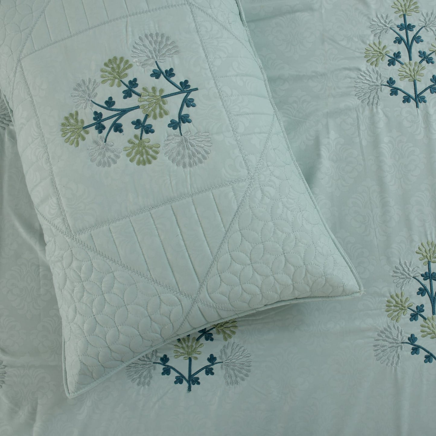 JSHOMEFINISHING Premium Embroidered Cotton Blend Bedsheet with 2 Quilted Pillow Covers | Soft & Breathable Double Bed Bedsheet | Elegant Snowflake Embroidery | Luxury Bedding Set | Sky Blue (Copy)