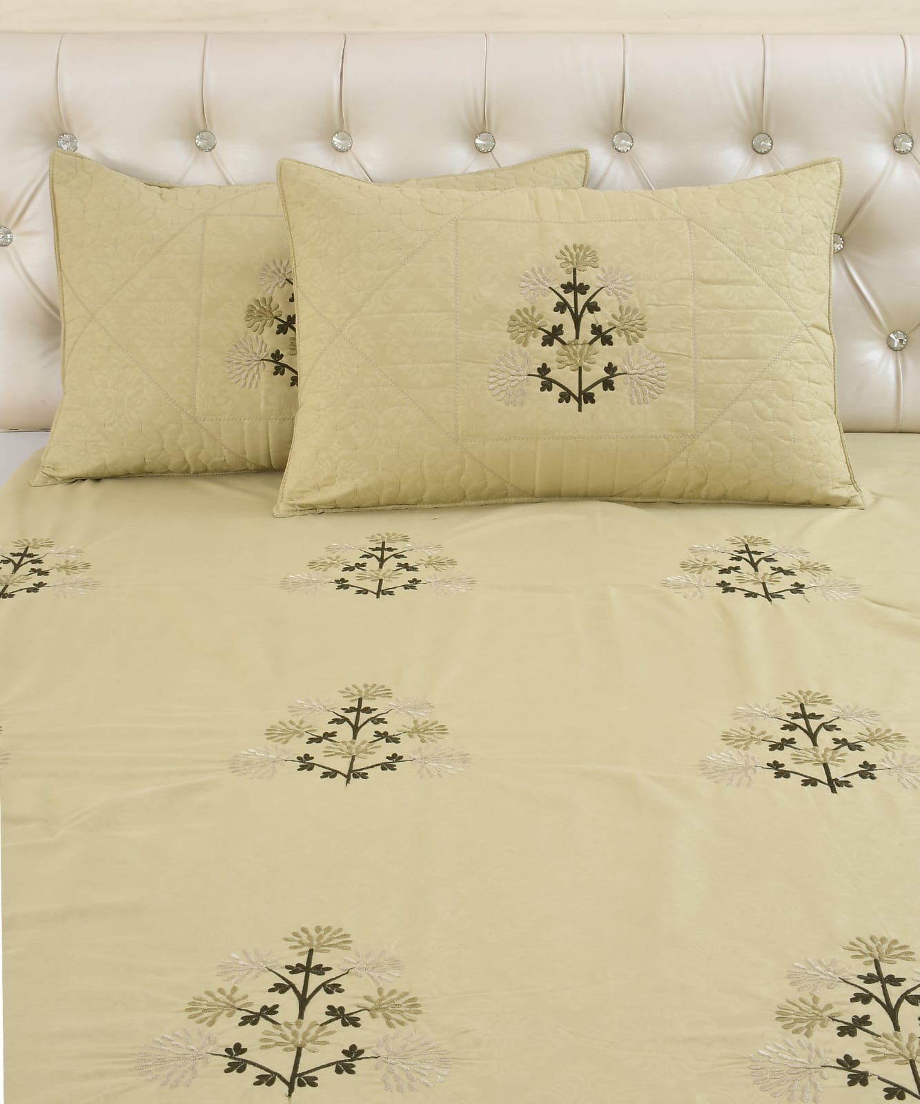 JSHOMEFINISHING Premium Embroidered Cotton Blend Bedsheet with 2 Quilted Pillow Covers | Soft & Breathable Double Bed Bedsheet | Elegant Botanical Embroidery | Luxury Bedding Set | Beige