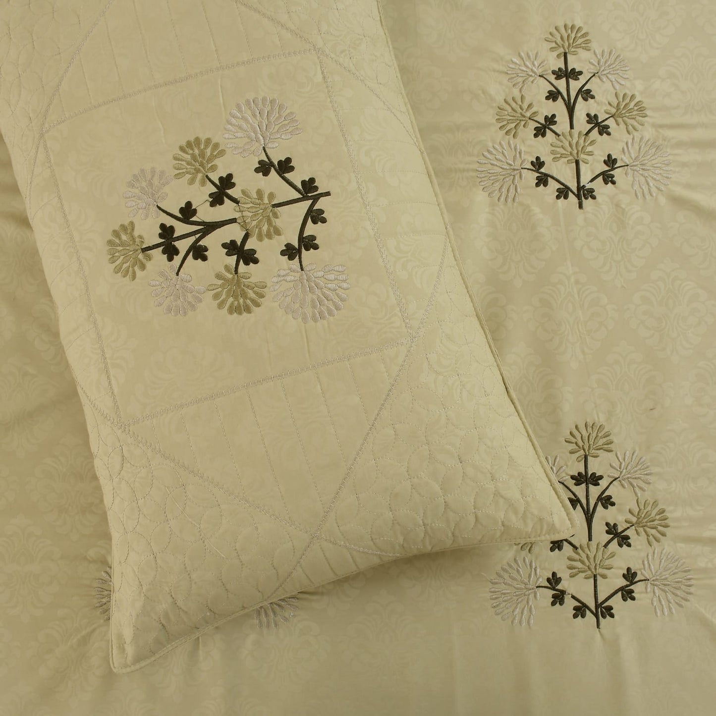 JSHOMEFINISHING Premium Embroidered Cotton Blend Bedsheet with 2 Quilted Pillow Covers | Soft & Breathable Double Bed Bedsheet | Elegant Botanical Embroidery | Luxury Bedding Set | Beige
