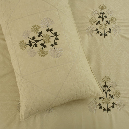 JSHOMEFINISHING Premium Embroidered Cotton Blend Bedsheet with 2 Quilted Pillow Covers | Soft & Breathable Double Bed Bedsheet | Elegant Botanical Embroidery | Luxury Bedding Set | Beige