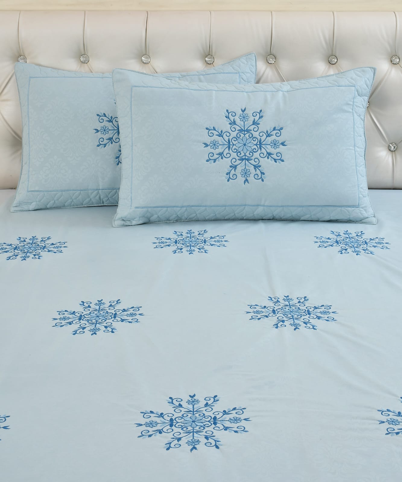 JSHOMEFINISHING Premium Embroidered Cotton Blend Bedsheet with 2 Quilted Pillow Covers | Soft & Breathable Double Bed Bedsheet | Elegant Snowflake Embroidery | Luxury Bedding Set | Sky Blue