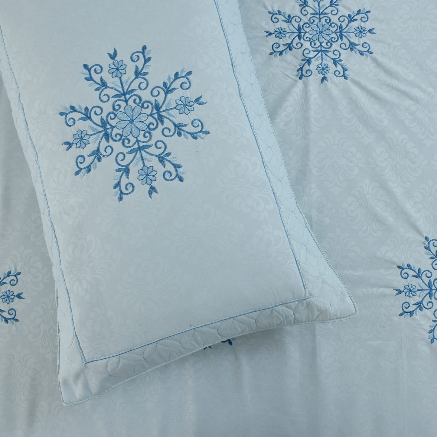 JSHOMEFINISHING Premium Embroidered Cotton Blend Bedsheet with 2 Quilted Pillow Covers | Soft & Breathable Double Bed Bedsheet | Elegant Snowflake Embroidery | Luxury Bedding Set | Sky Blue