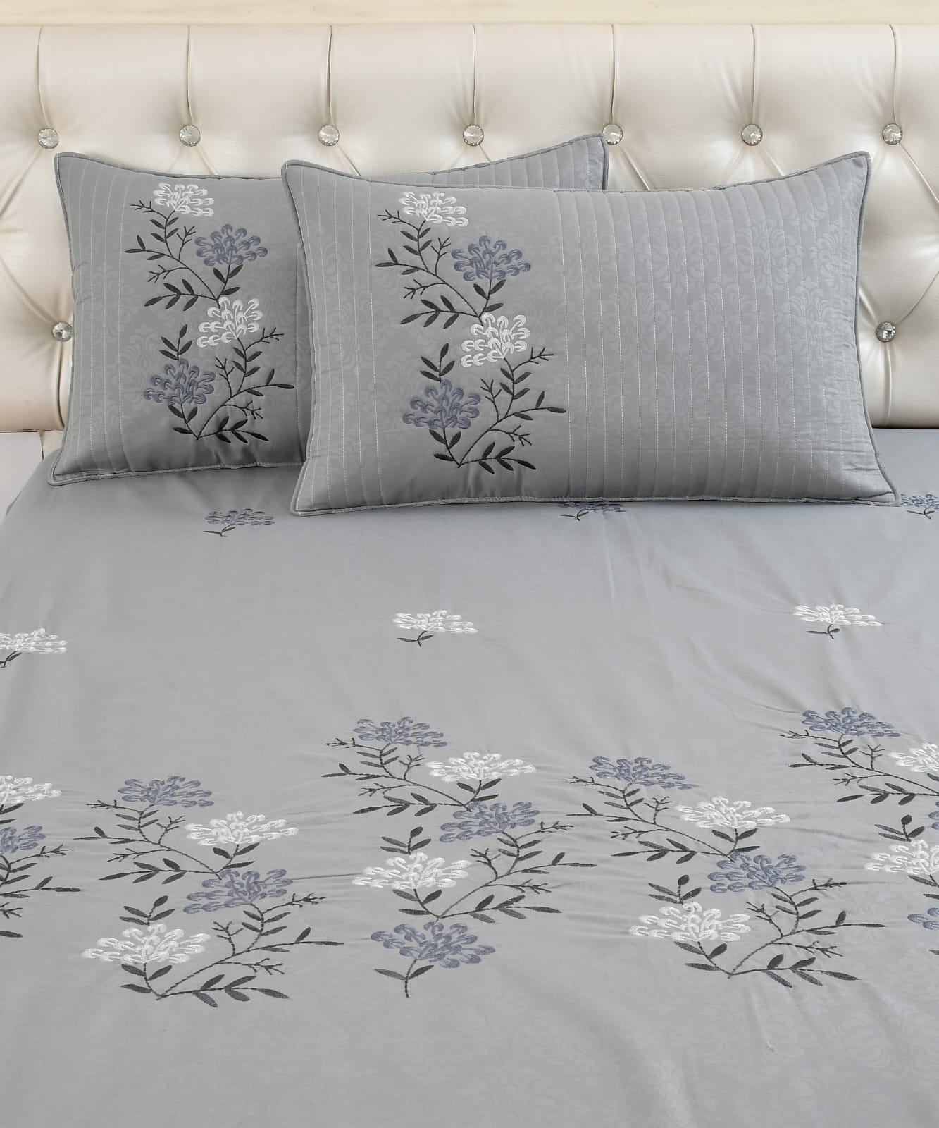JSHOMEFINISHING Premium Embroidered Cotton Blend Bedsheet with 2 Quilted Pillow Covers | Soft & Breathable Double Bed Bedsheet | Elegant Silver Floral Embroidery | Luxury Bedding Set | Grey