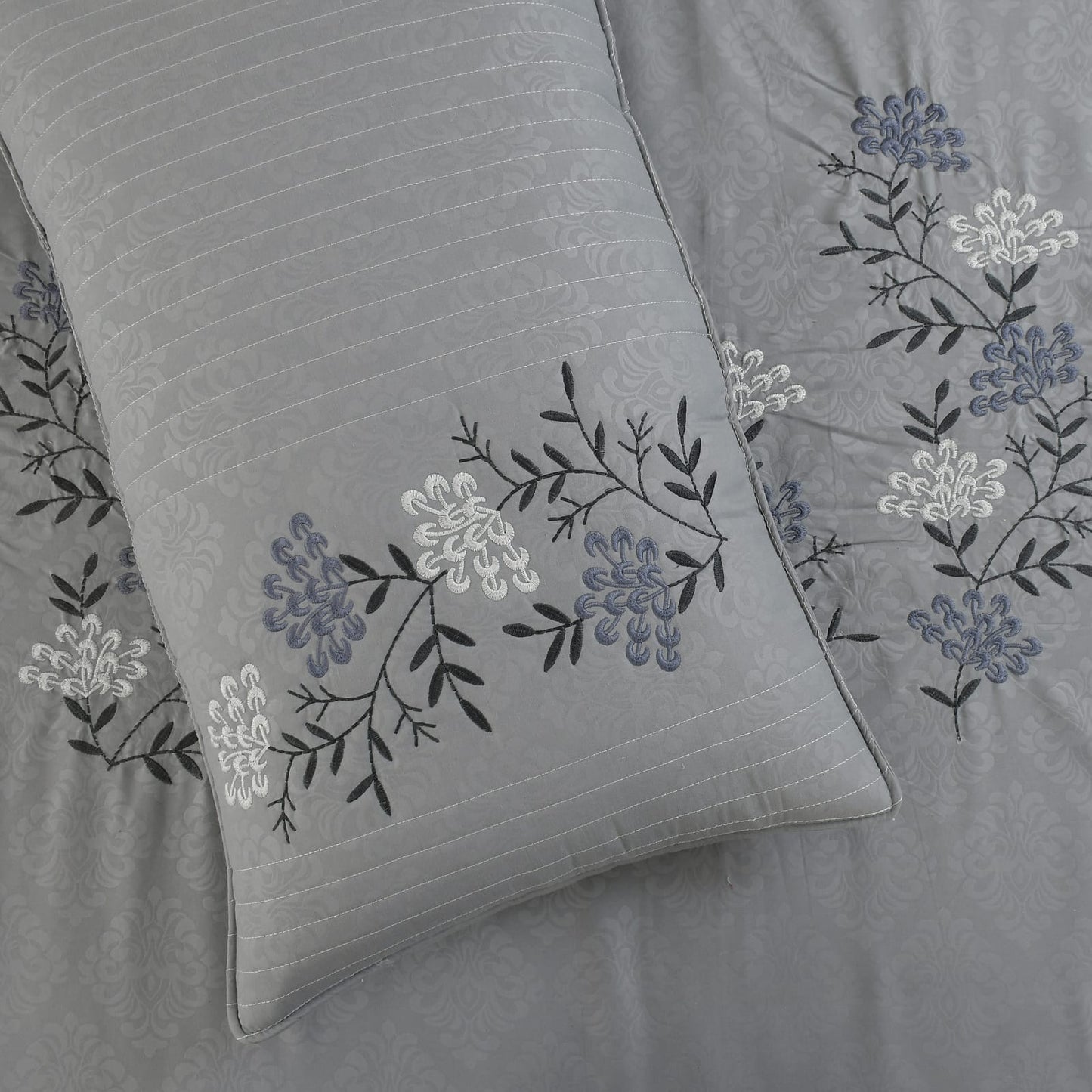 JSHOMEFINISHING Premium Embroidered Cotton Blend Bedsheet with 2 Quilted Pillow Covers | Soft & Breathable Double Bed Bedsheet | Elegant Silver Floral Embroidery | Luxury Bedding Set | Grey