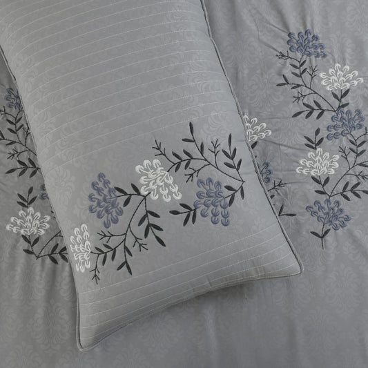 JSHOMEFINISHING Premium Embroidered Cotton Blend Bedsheet with 2 Quilted Pillow Covers | Soft & Breathable Double Bed Bedsheet | Elegant Silver Floral Embroidery | Luxury Bedding Set | Grey