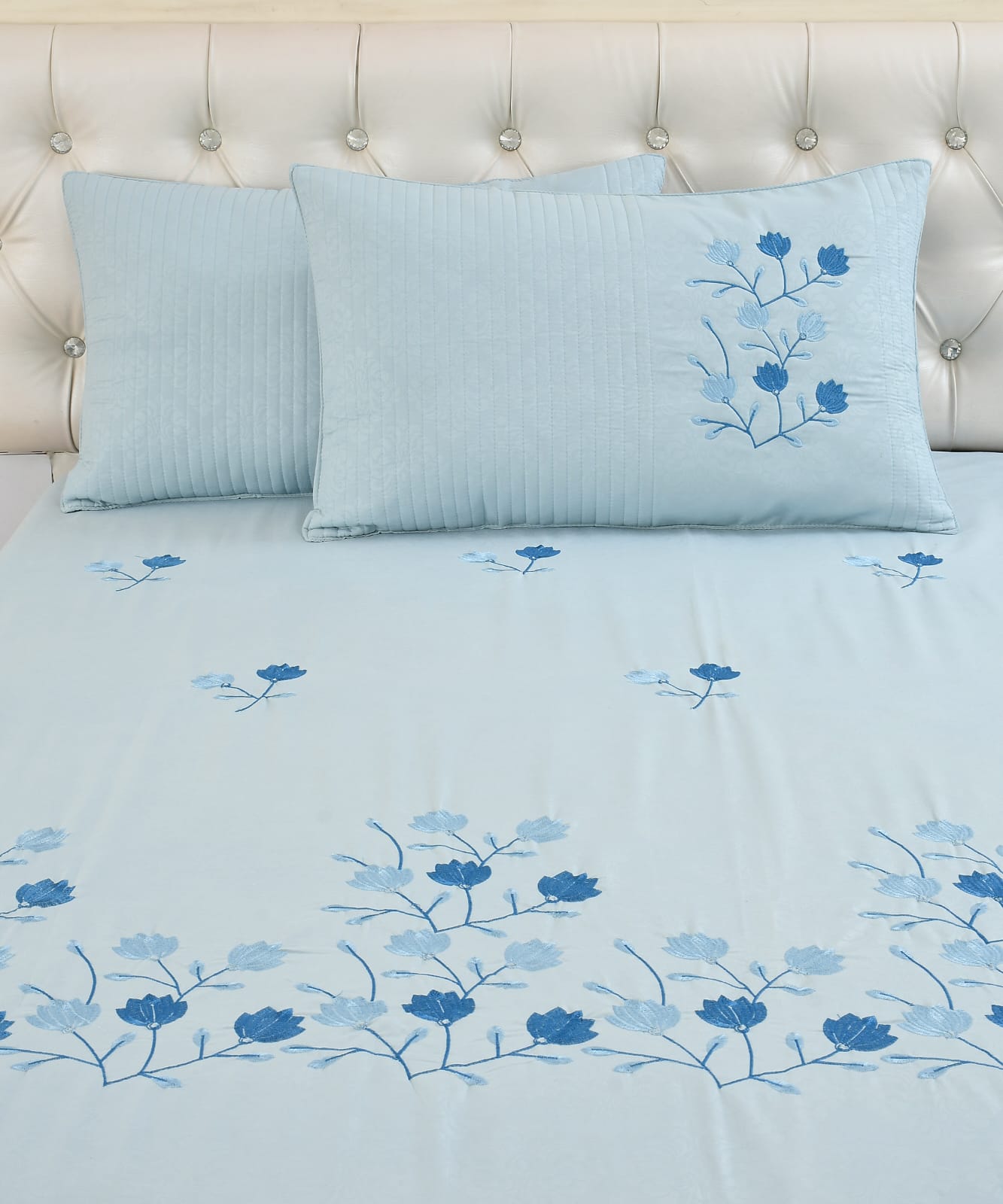 JSHOMEFINISHING Premium Embroidered Cotton Blend Bedsheet with 2 Quilted Pillow Covers | Soft & Breathable Double Bed Bedsheet | Elegant Blue Floral Embroidery | Luxury Bedding Set | Sky Blue