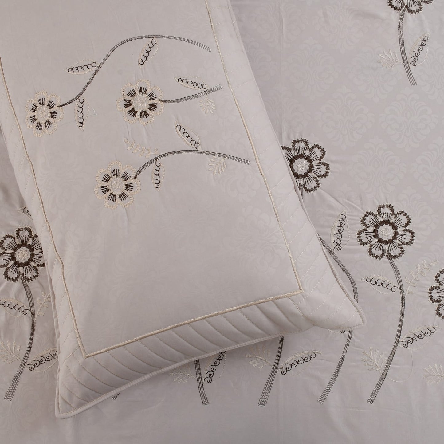 JSHOMEFINISHING Premium Embroidered Cotton Blend Bedsheet with 2 Quilted Pillow Covers | Soft & Breathable Double Bed Bedsheet | Elegant Daisy Floral Embroidery | Luxury Bedding Set | Ivory Cream