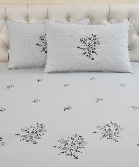 JSHOMEFINISHING Premium Embroidered Cotton Blend Bedsheet with 2 Quilted Pillow Covers | Soft & Breathable Double Bed Bedsheet | Elegant Floral Embroidery | Luxury Home Bedding Set | White