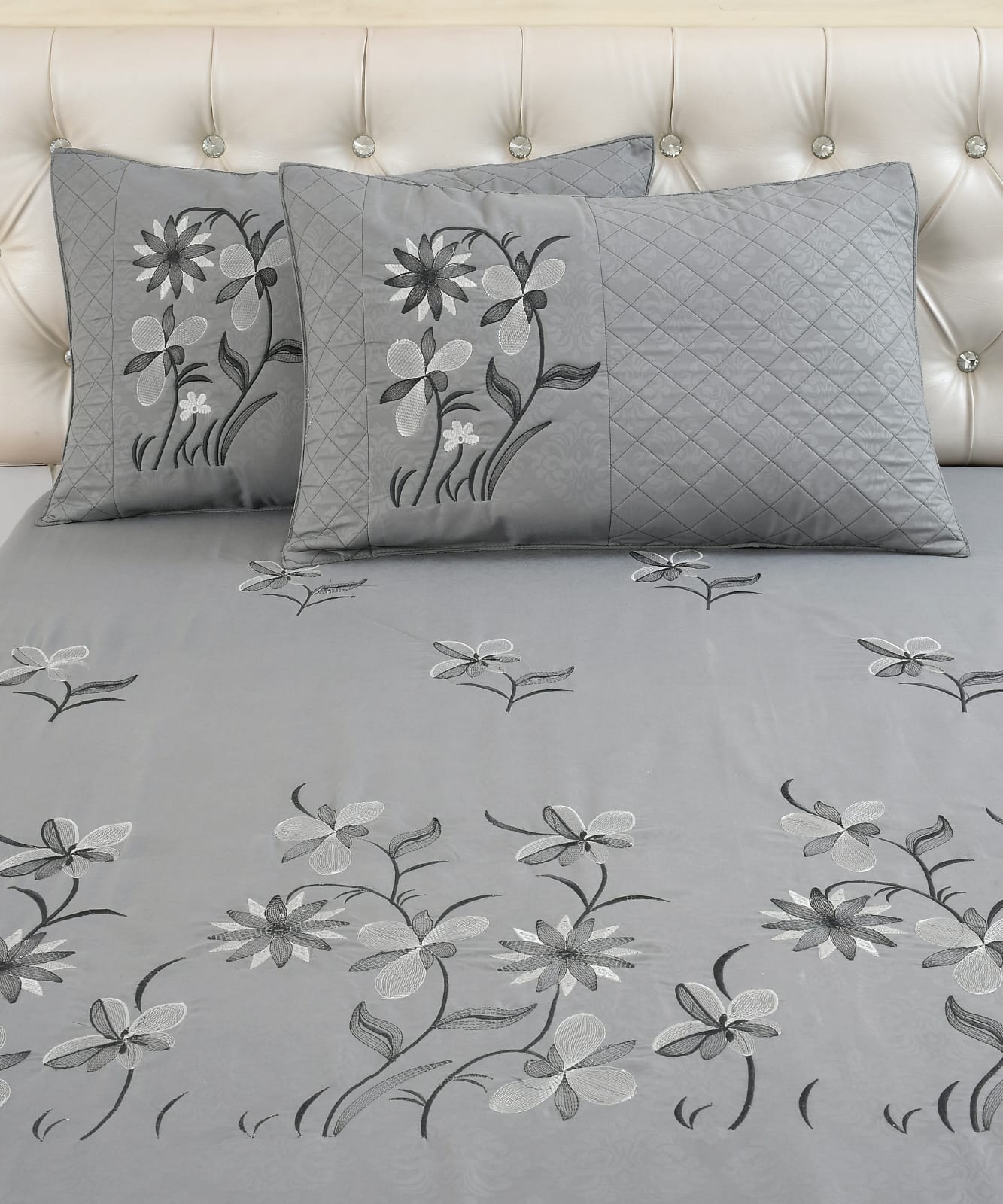JSHOMEFINISHING Premium Embroidered Cotton Blend Bedsheet with 2 Quilted Pillow Covers | Soft & Breathable Double Bed Bedsheet | Elegant Floral Vine Embroidery | Luxury Bedding Set | Light Grey