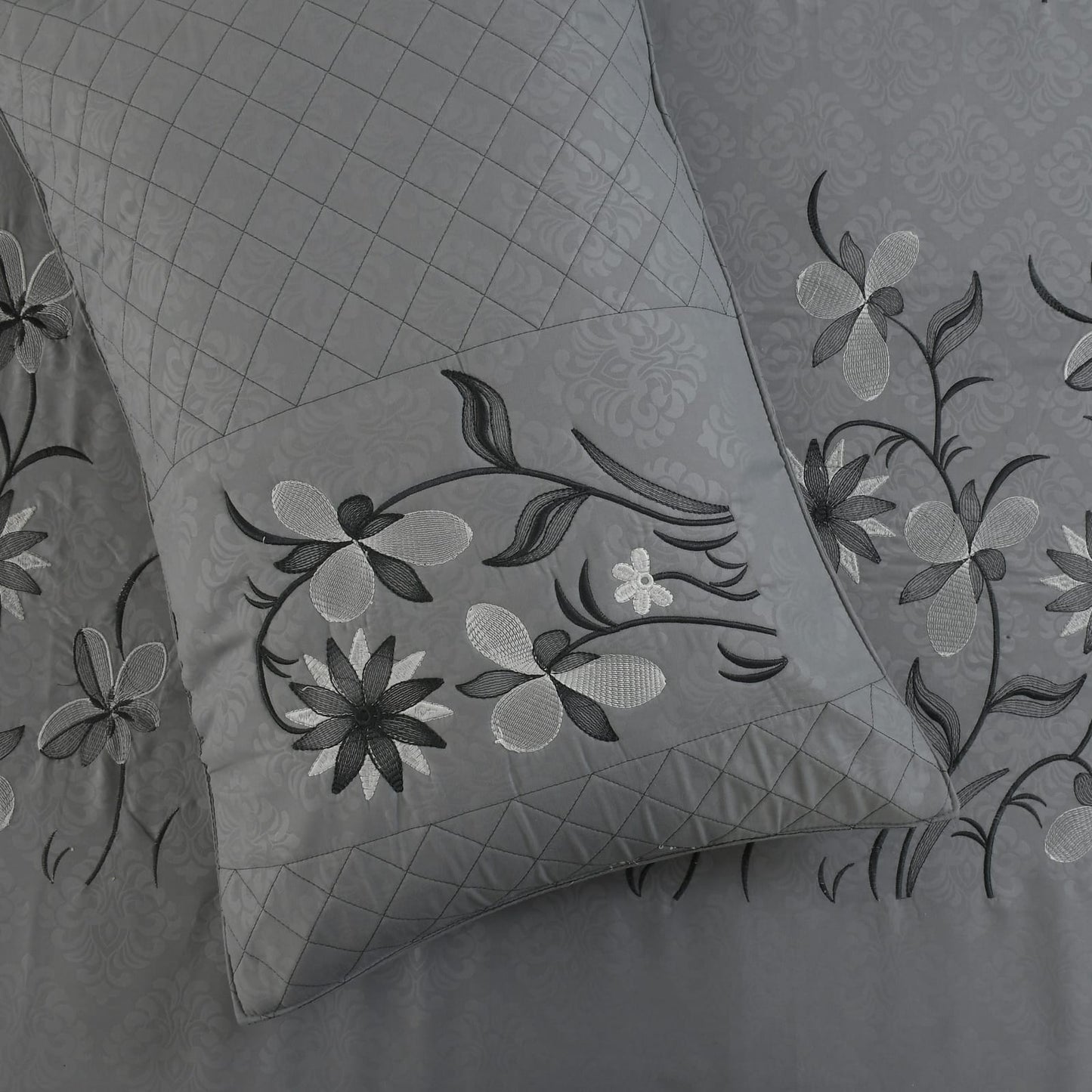 JSHOMEFINISHING Premium Embroidered Cotton Blend Bedsheet with 2 Quilted Pillow Covers | Soft & Breathable Double Bed Bedsheet | Elegant Floral Vine Embroidery | Luxury Bedding Set | Light Grey
